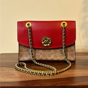 Coach Parker Red Brass Signature Leather Shoulder Bag with Tea Rose Flower